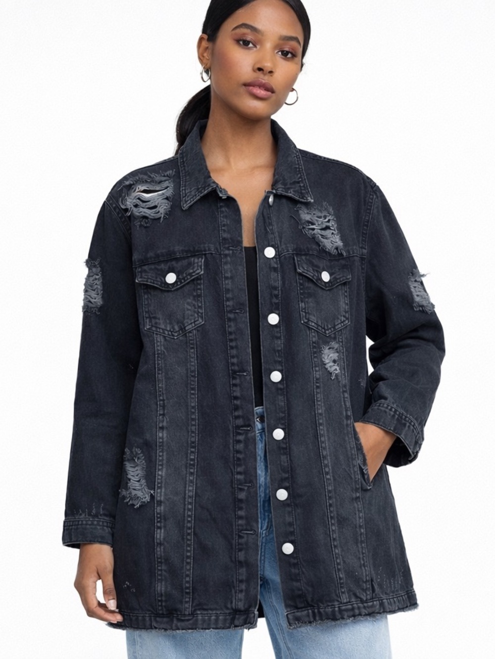 Missguided Distressed Black Denim Jacket Longline Medium